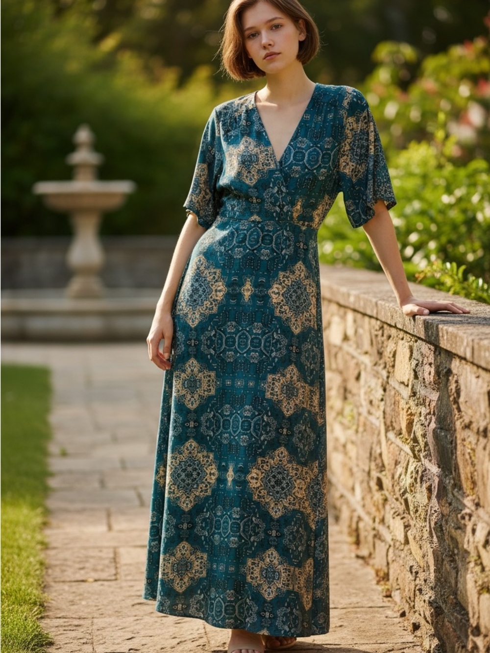 0026. House of Harlow 1960 Teal and Gold medallion Maxi Dress